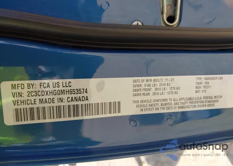 2021 Dodge Charger Gt Rwd z USA, uszkodzony, nr VIN 2C3CDXHG0MH653574